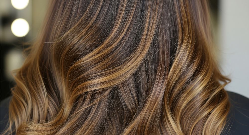 portrait d'une femme de dos aux cheveux longs et ondulés avec un balayage blond caramel