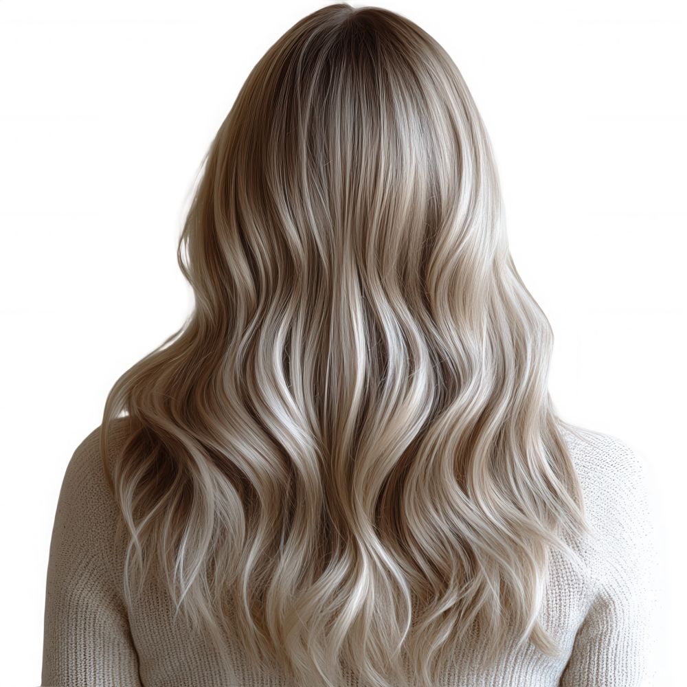 portrait d'une femme de dos aux cheveux blond foncé cendré